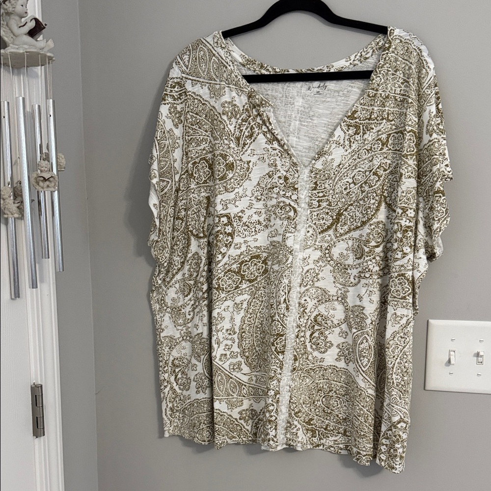 Wonderly Olive and Cream Paisley V-Neck Blouse
